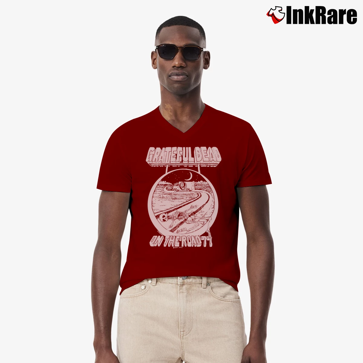 Men’s Grateful Dead On The Road 1977 Concert V-Neck Tee in maroon | Sharp, Breathable, Everyday Staple