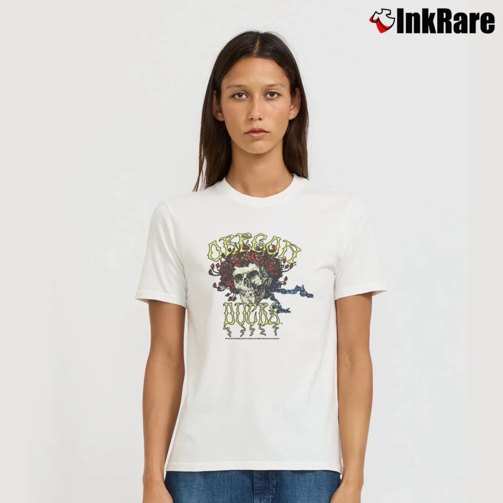 Women’s Grateful Dead Oregon Ducks Bertha Autzen Eugene 2018 Signature T-Shirt in white | Soft, Flattering Fit