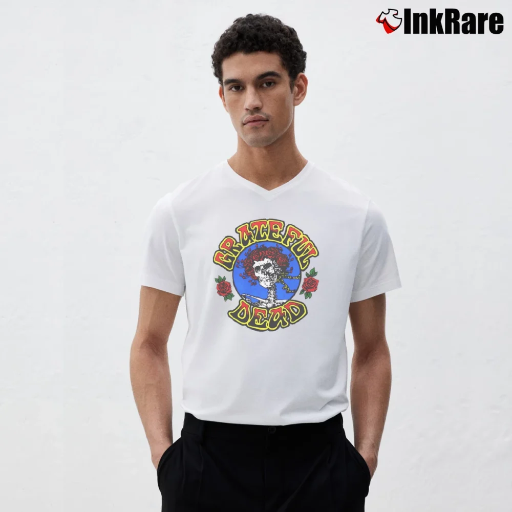 Men’s Grateful Dead Rose V-Neck Tee in white | Sharp, Breathable, Everyday Staple