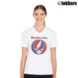 Women’s Grateful Dead Steal Your Face Fashion Walk for Rock Fans V-Neck Tee in white | Chic Neckline, Soft Texture