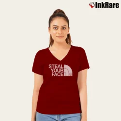 Women’s Grateful Dead Steal Your Face Jerry Garcia Northface V-Neck Tee in maroon | Chic Neckline, Soft Texture
