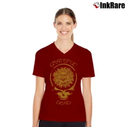 Women’s Grateful Dead Steal Your Face Sun Graphic V-Neck Tee in maroon | Chic Neckline, Soft Texture