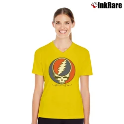 Women’s Grateful Dead Steal Your Face Vintage Rare for Rock Fans V-Neck Tee in yellow | Chic Neckline, Soft Texture