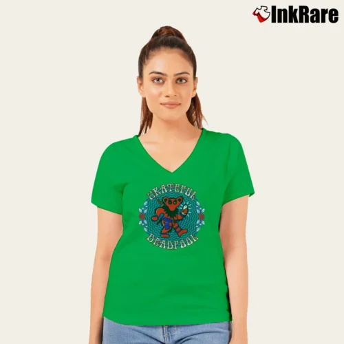 Women’s Grateful Deadpool Parody V-Neck Tee in irish green | Chic Neckline, Soft Texture