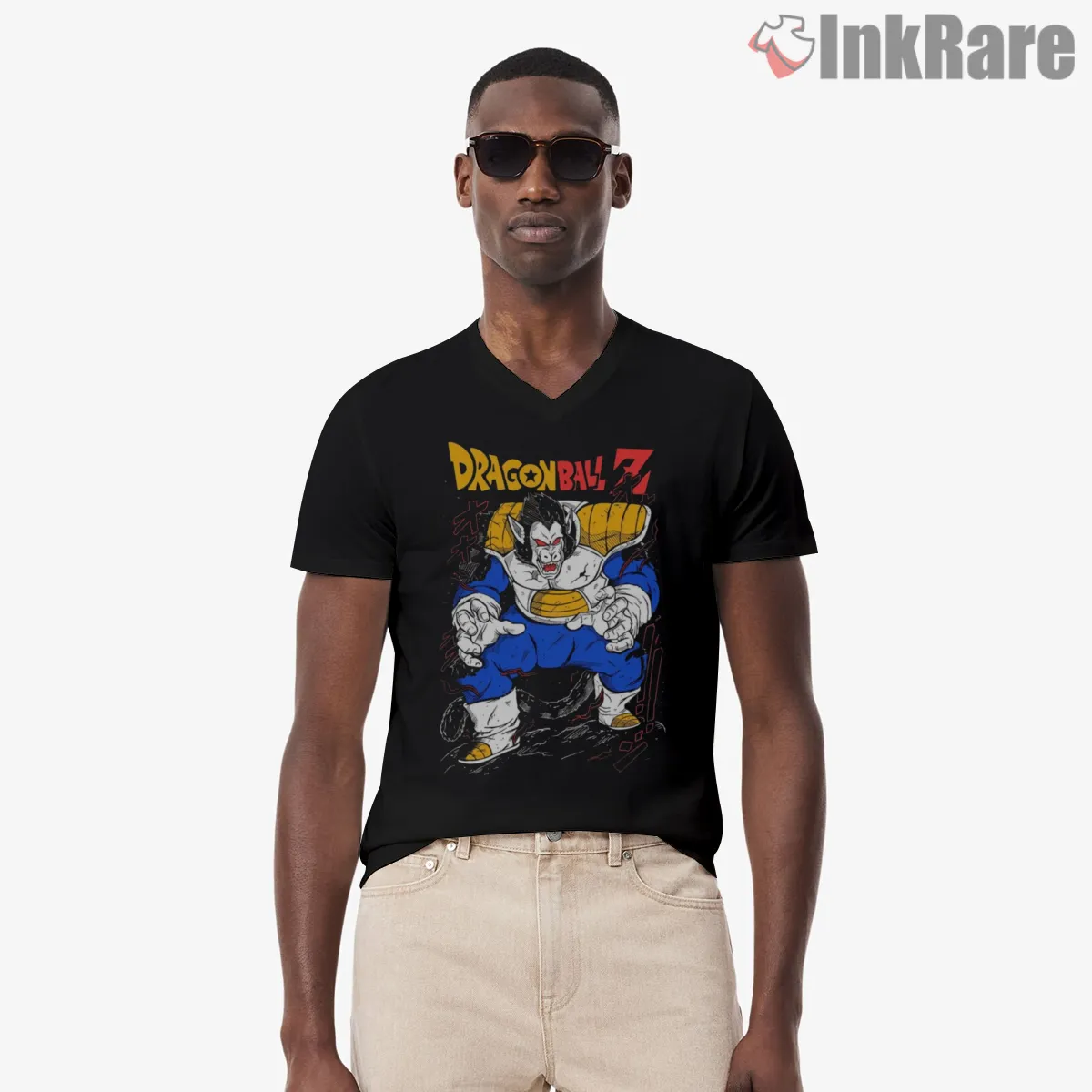 Great Ape Vegeta Saiyan Warrior V Neck Black Great Ape Vegeta Saiyan Warrior Shirt on black v-neck shirt for men graphic tee