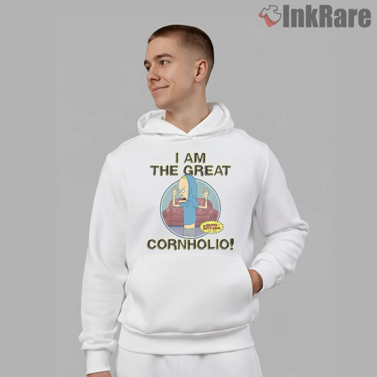 Great Cornholio Living Room Cartoon Shirt on white hoodie for men graphic tee