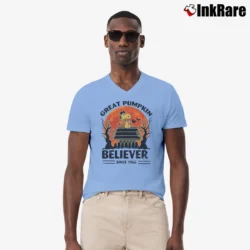 Men’s Great Pumpkin Believer Since 1966 Snoopy Halloween V-Neck Tee in light blue | Sharp, Breathable, Everyday Staple