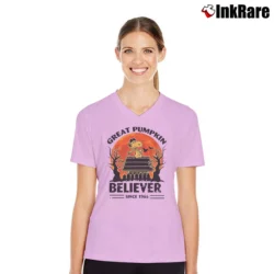 Women’s Great Pumpkin Believer Since 1966 Snoopy Halloween V-Neck Tee in light pink | Chic Neckline, Soft Texture