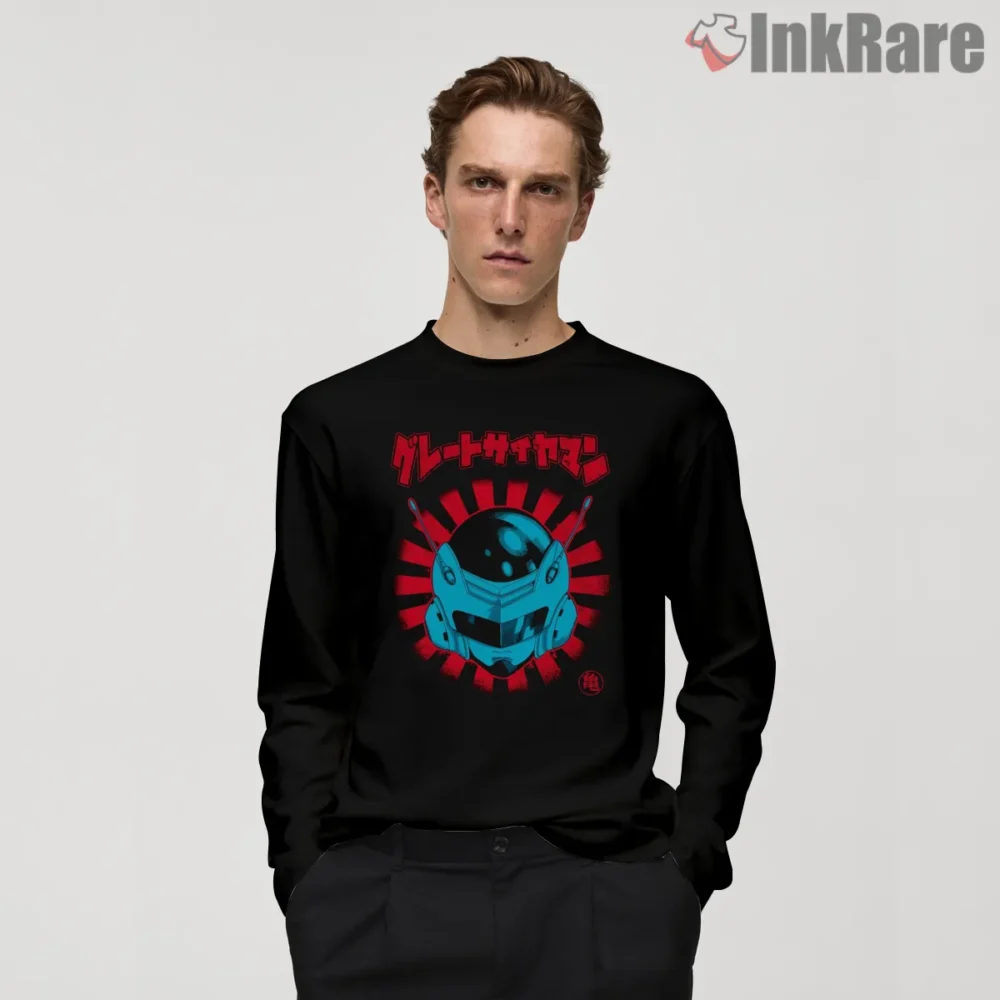 Great Saiyaman Neon Helmet Emblem Shirt on black long sleeve shirt for men graphic tee
