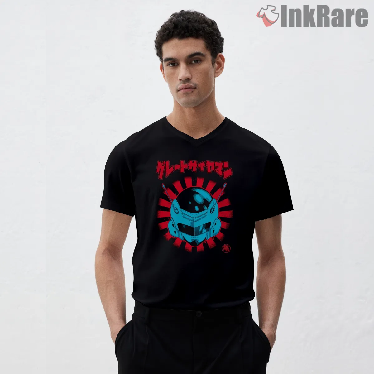 Great Saiyaman Neon Helmet Emblem V Neck Black Great Saiyaman Neon Helmet Emblem Shirt on black v-neck shirt for men graphic tee