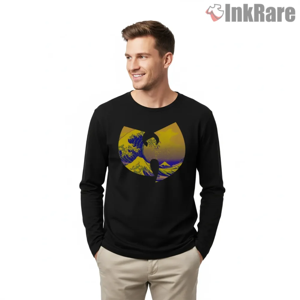Great Wave Style Wu Tang Logo Shirt on black long sleeve shirt for men graphic tee