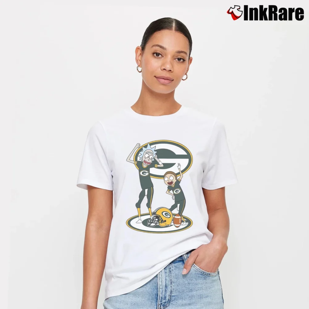 Women’s Green Bay Packers Rick And Morty Funny Football Signature T-Shirt in white | Soft, Flattering Fit