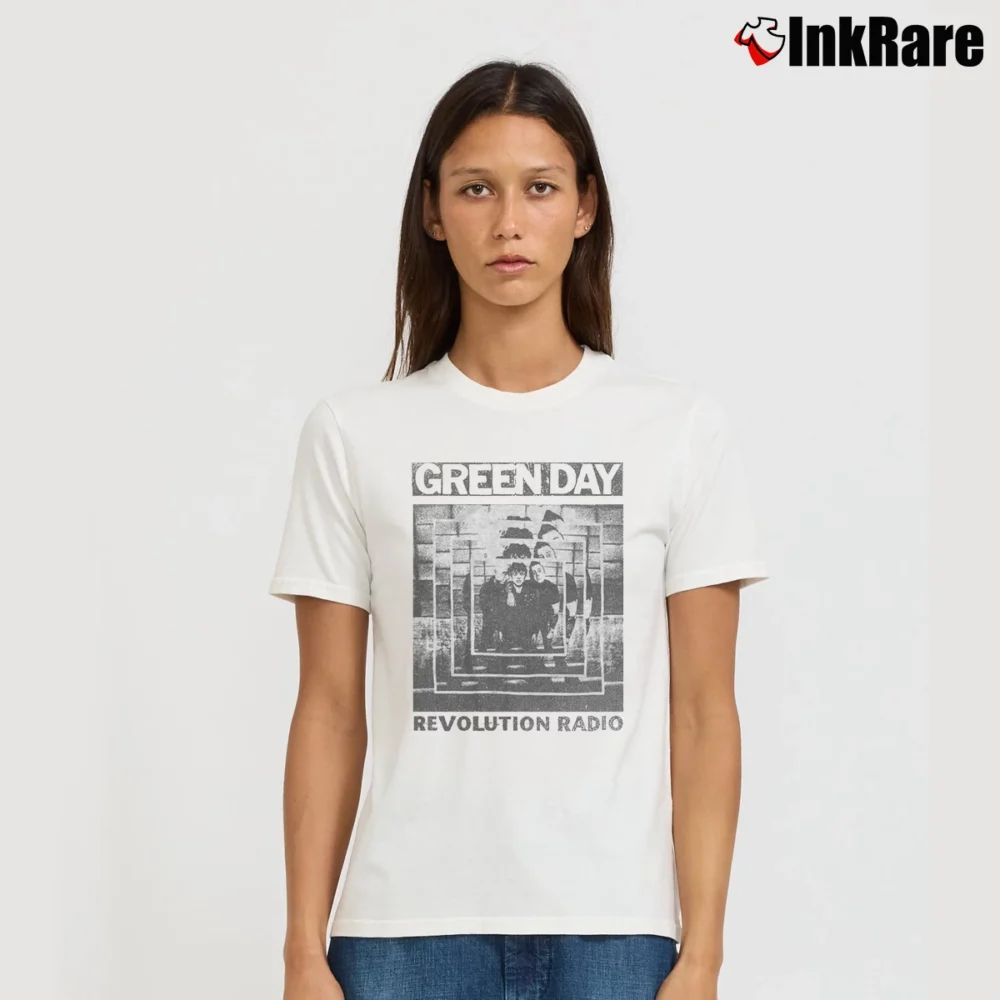 Women’s Green Day Revolution Radio Band Signature T-Shirt in white | Soft, Flattering Fit