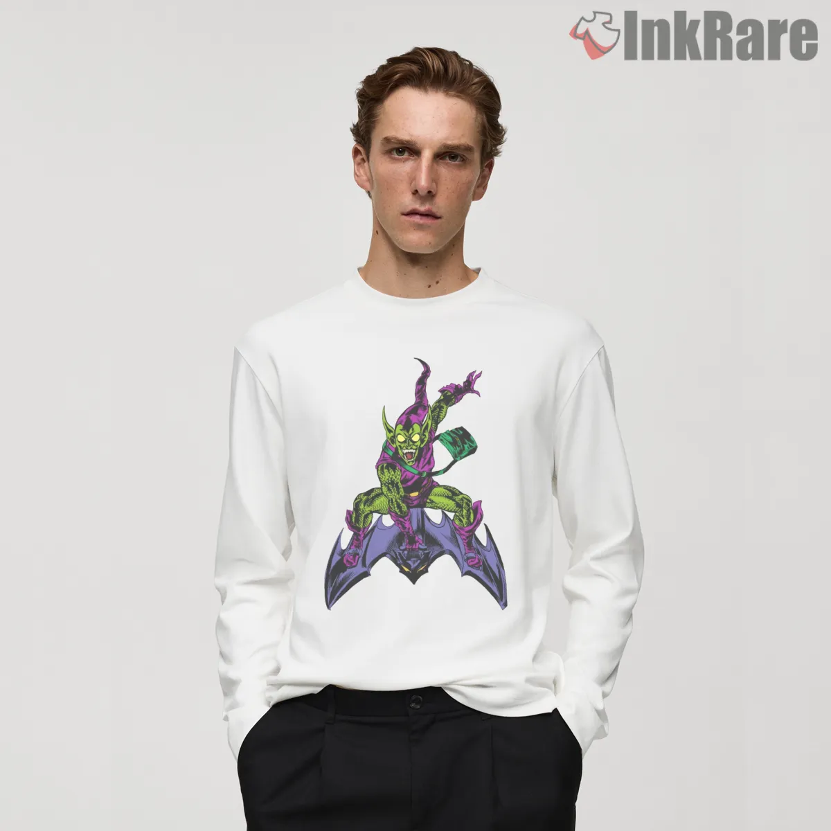 Green Goblin Glider Attack Dynamic Comic Long Sleeve White Green Goblin Glider Attack Dynamic Comic Shirt on white long sleeve shirt for men graphic tee
