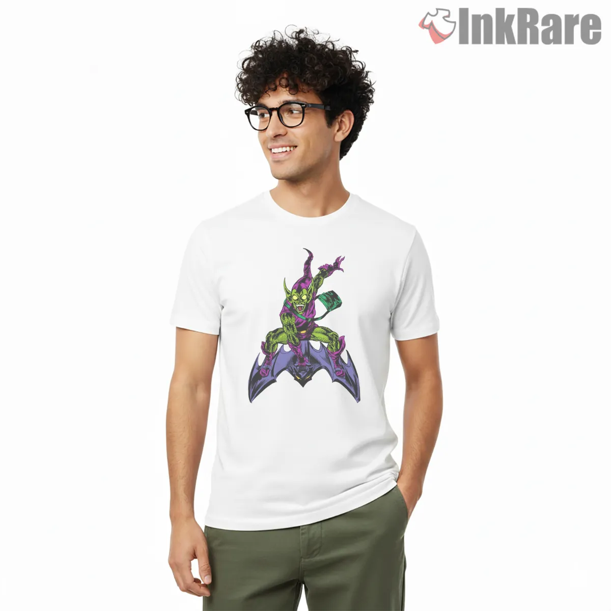 Green Goblin Glider Attack Dynamic Comic Shirt on white short sleeve shirt for men graphic tee