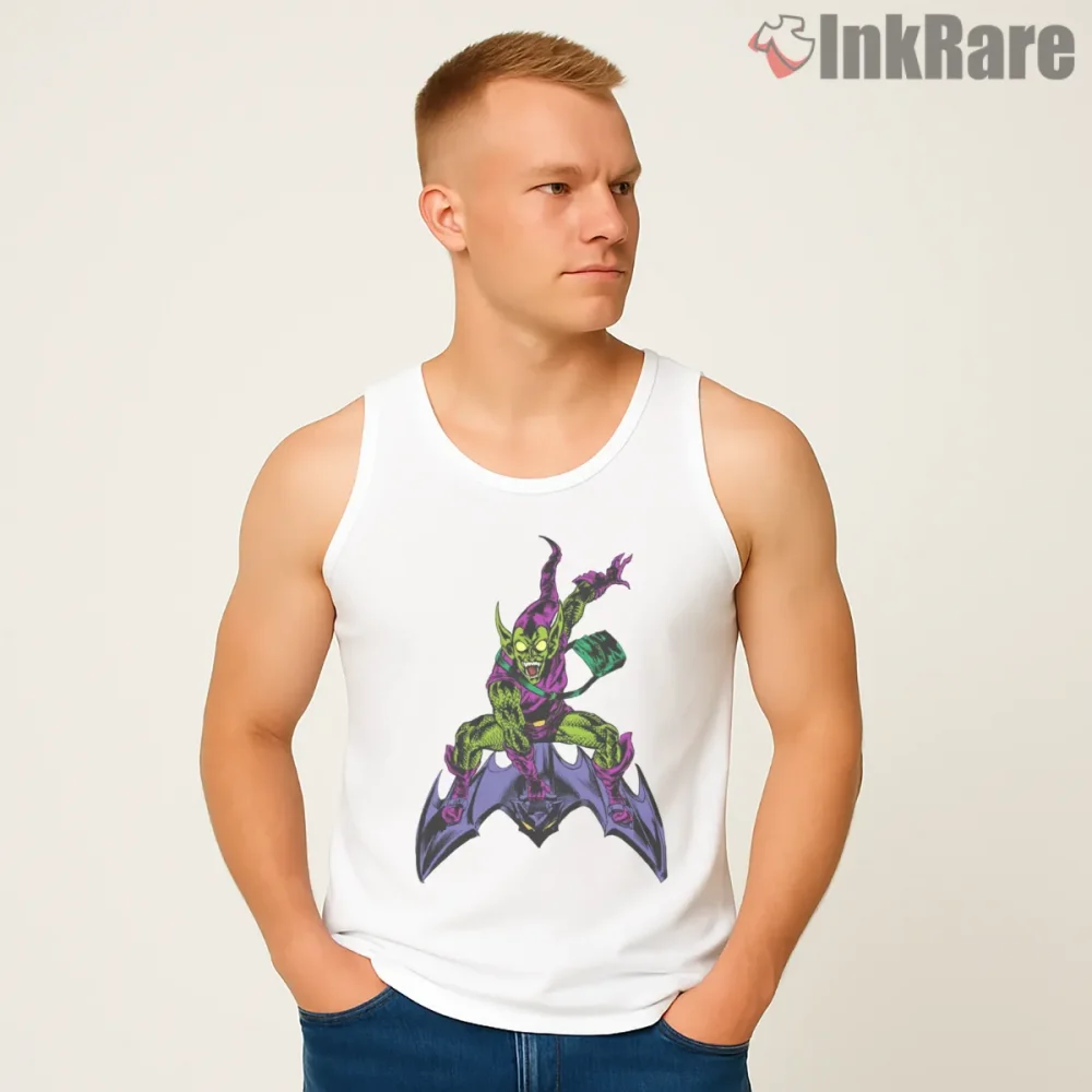 Green Goblin Glider Attack Dynamic Comic Shirt on white tank top for men graphic tee