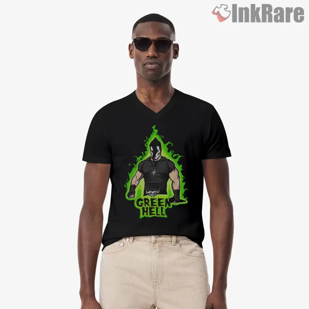 Green Hell Flame Aura Muscle Fiend Shirt on black v-neck shirt for men graphic tee