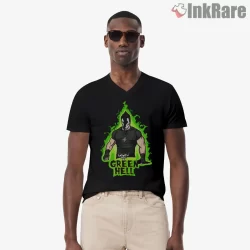 Green Hell Flame Aura Muscle Fiend Shirt on black v-neck shirt for men graphic tee