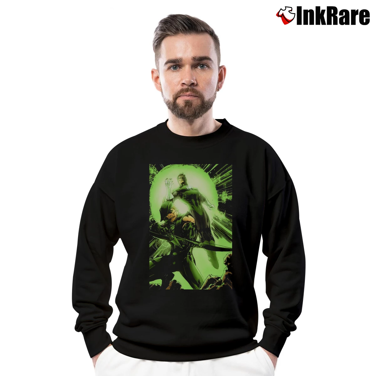 Men’s Green Lantern Green Arrow Crewneck Sweatshirt in black | Cozy Fabric, Clean Style