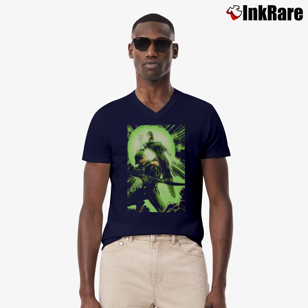 Men’s Green Lantern Green Arrow V-Neck Tee in navy | Sharp, Breathable, Everyday Staple