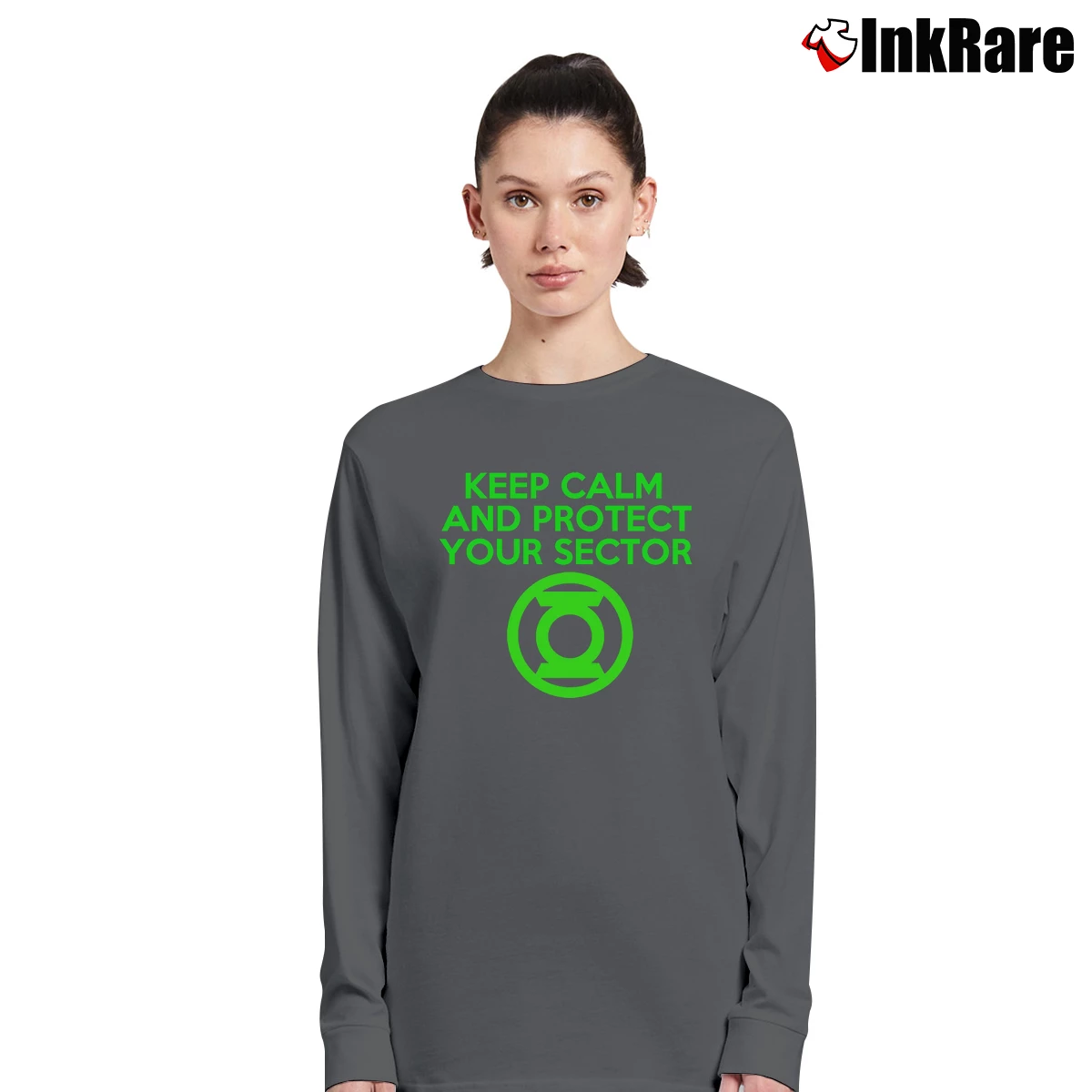 Women’s Green Lantern Keep Calm And Protect Your Sector Long-Sleeve Top in charcoal | Sleek, Versatile, All-Season