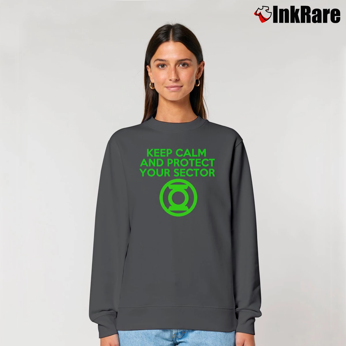 Women’s Green Lantern Keep Calm And Protect Your Sector Relaxed Sweatshirt in charcoal | Soft, Laid-Back Vibe