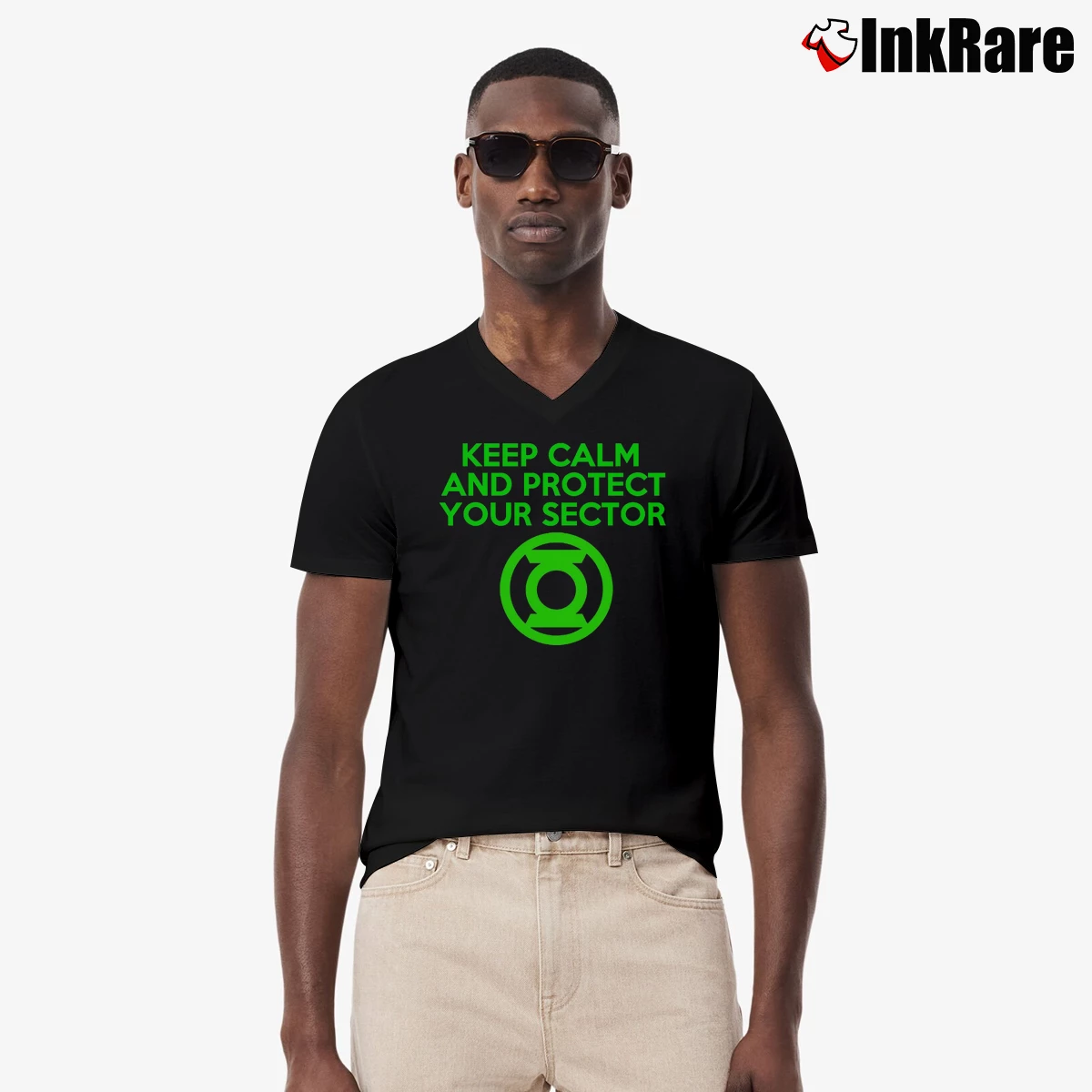 Men’s Green Lantern Keep Calm And Protect Your Sector V-Neck Tee in black | Sharp, Breathable, Everyday Staple