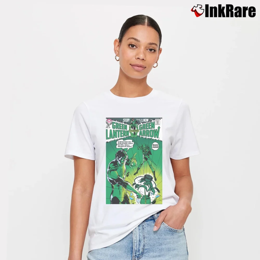 Women’s Green Lantern Vs Green Arrow Comic Strip Signature T-Shirt in white | Soft, Flattering Fit