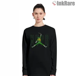 Green Ranger Air Kick Martial Pose Shirt on black long sleeve shirt for women graphic tee