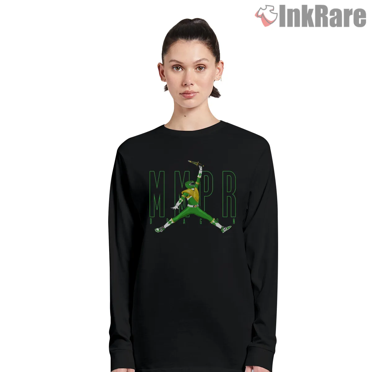 Green Ranger Air Kick Martial Pose Long Sleeve Black Green Ranger Air Kick Martial Pose Shirt on black long sleeve shirt for women graphic tee