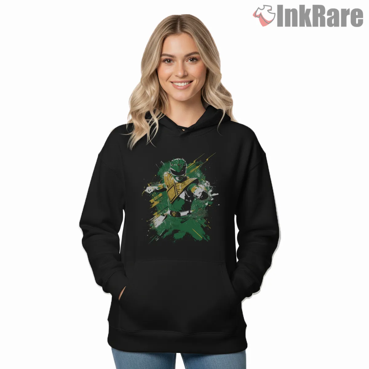 Green Ranger Battle Energy Paint Splash Shirt on black hoodie for women graphic tee
