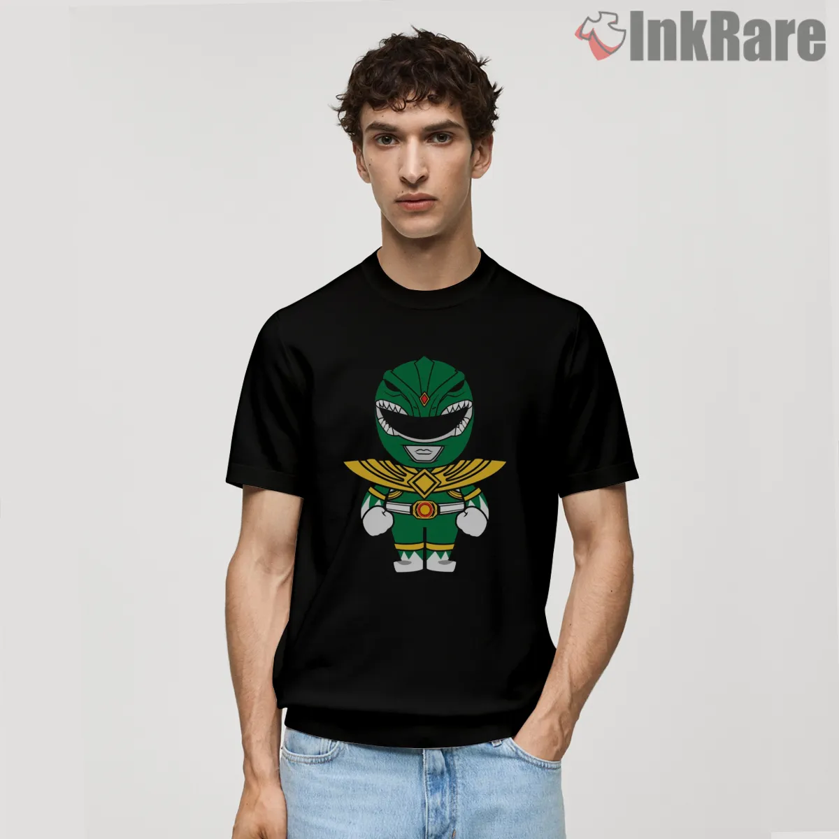 Green Ranger Cute Chibi Hero Cartoon Shirt on black short sleeve shirt for men graphic tee