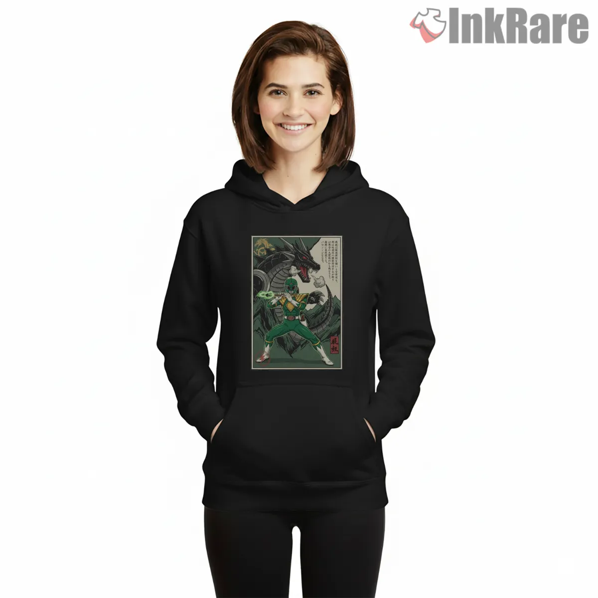 Green Ranger Dragon Guardian Japanese Woodblock Hoodie Black Green Ranger Dragon Guardian Japanese Woodblock Shirt on black hoodie for women graphic tee