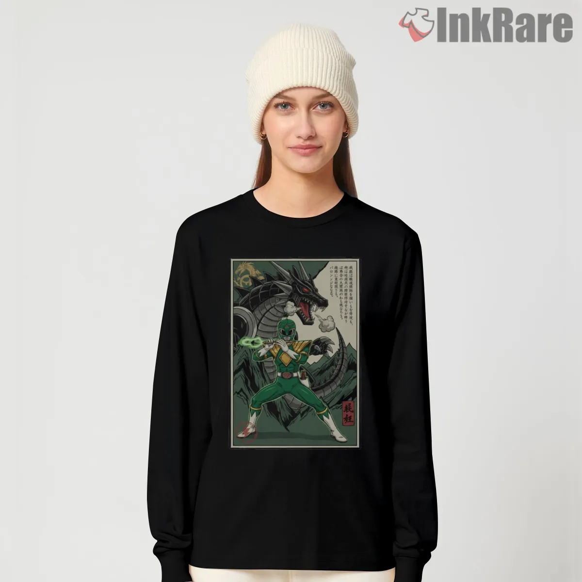 Green Ranger Dragon Guardian Japanese Woodblock Long Sleeve Black Green Ranger Dragon Guardian Japanese Woodblock Shirt on black long sleeve shirt for women graphic tee