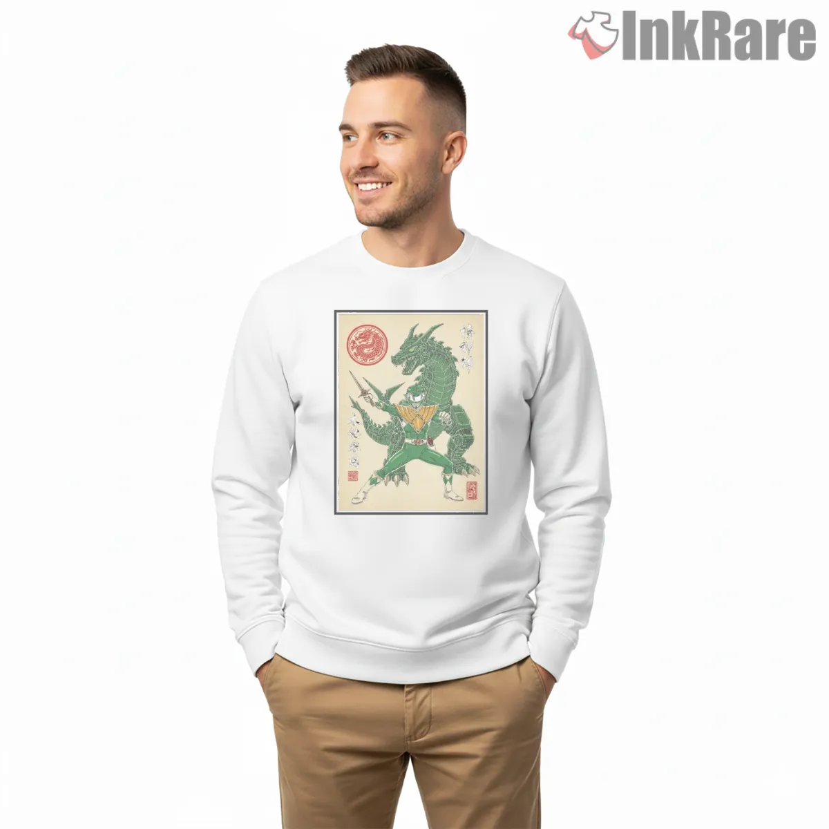 Green Ranger Dragon Samurai Woodblock Shirt on graphic shirt for men graphic tee