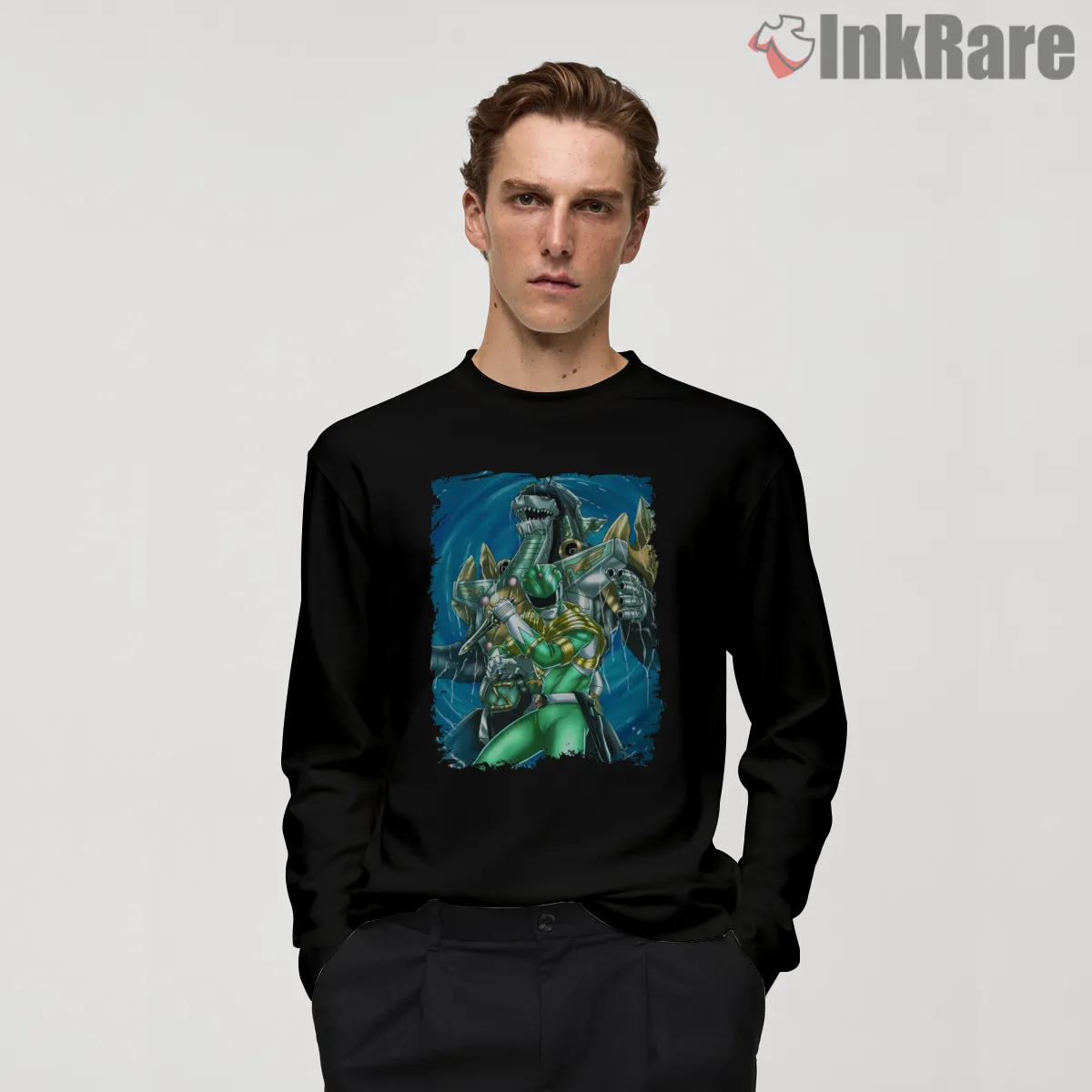 Green Ranger Dragonzord Ocean Battle Long Sleeve Black Green Ranger Dragonzord Ocean Battle Shirt on black long sleeve shirt for men graphic tee