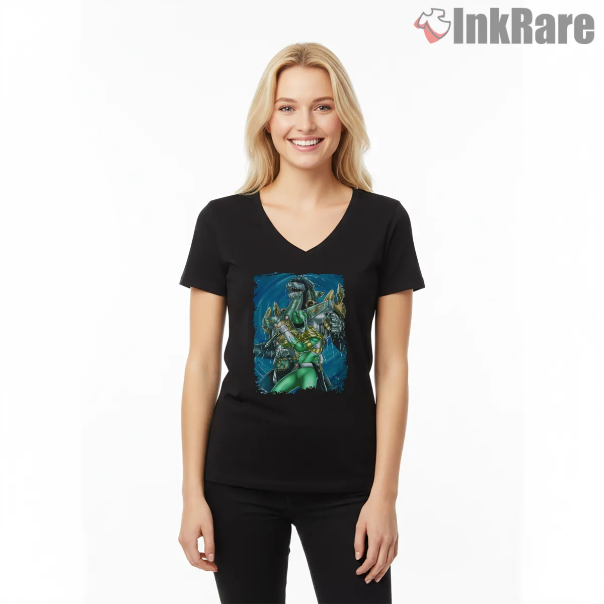 Green Ranger Dragonzord Ocean Battle Shirt on black v-neck shirt for women graphic tee