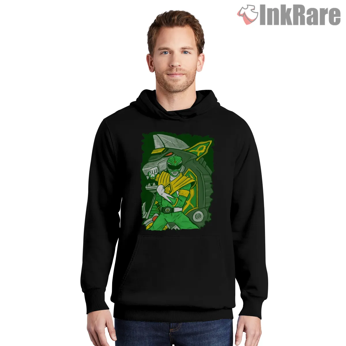 Green Ranger Go Go Hero Portrait Shirt on black hoodie for men graphic tee