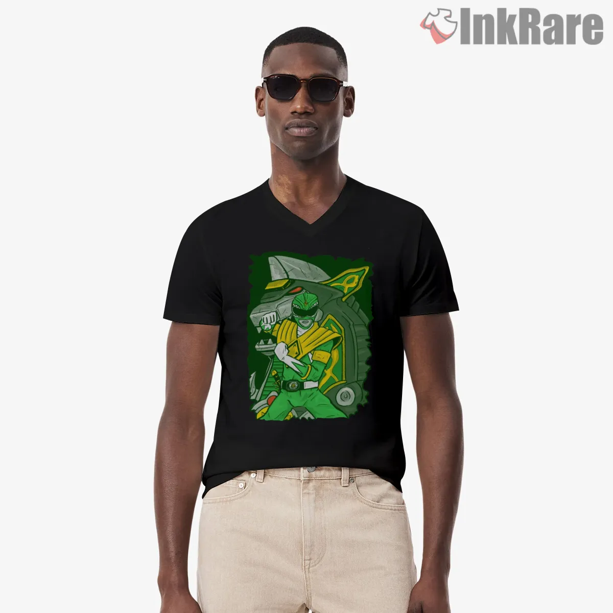 Green Ranger Go Go Hero Portrait V Neck Black Green Ranger Go Go Hero Portrait Shirt on black v-neck shirt for men graphic tee