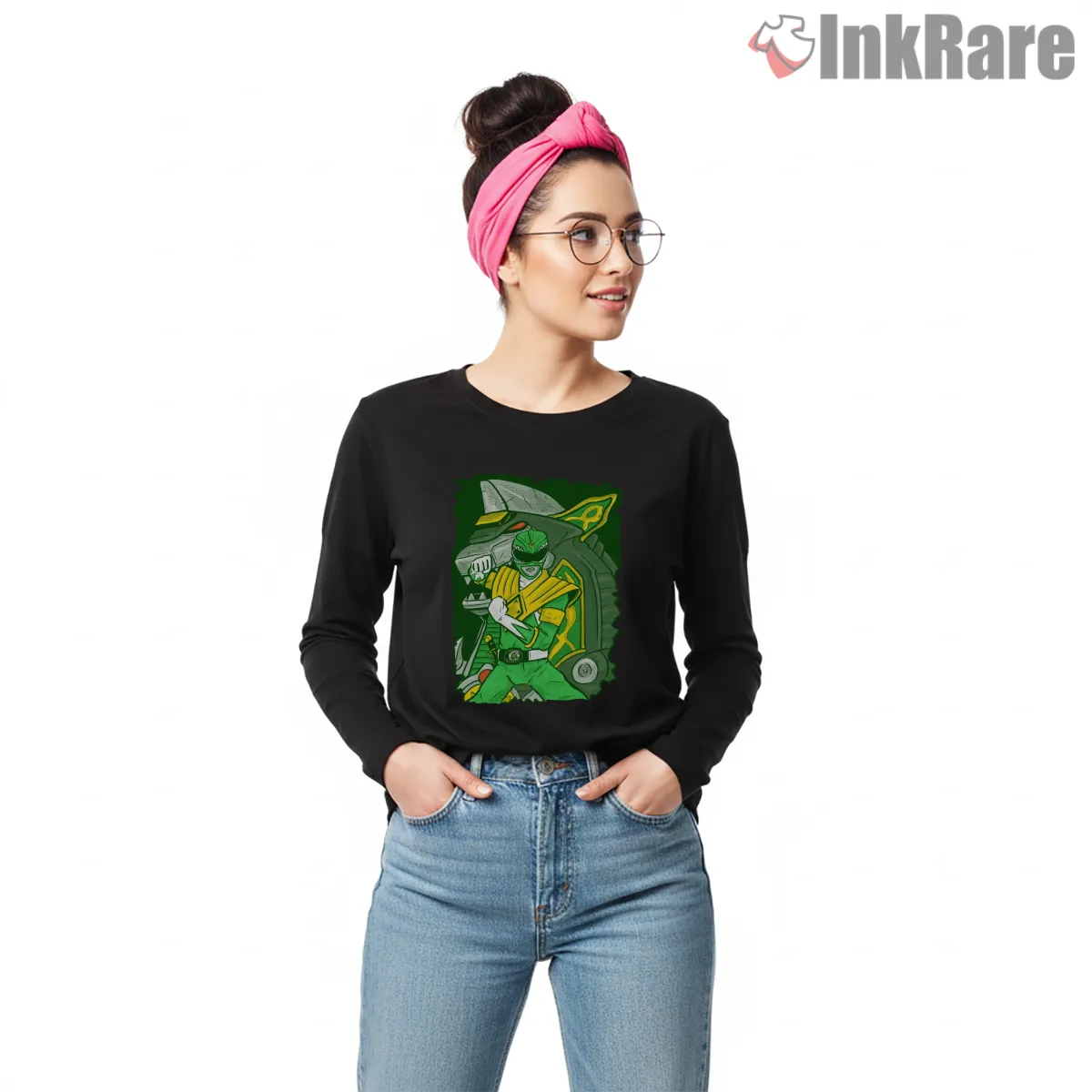 Green Ranger Go Go Hero Portrait Long Sleeve Black Green Ranger Go Go Hero Portrait Shirt on black long sleeve shirt for women graphic tee