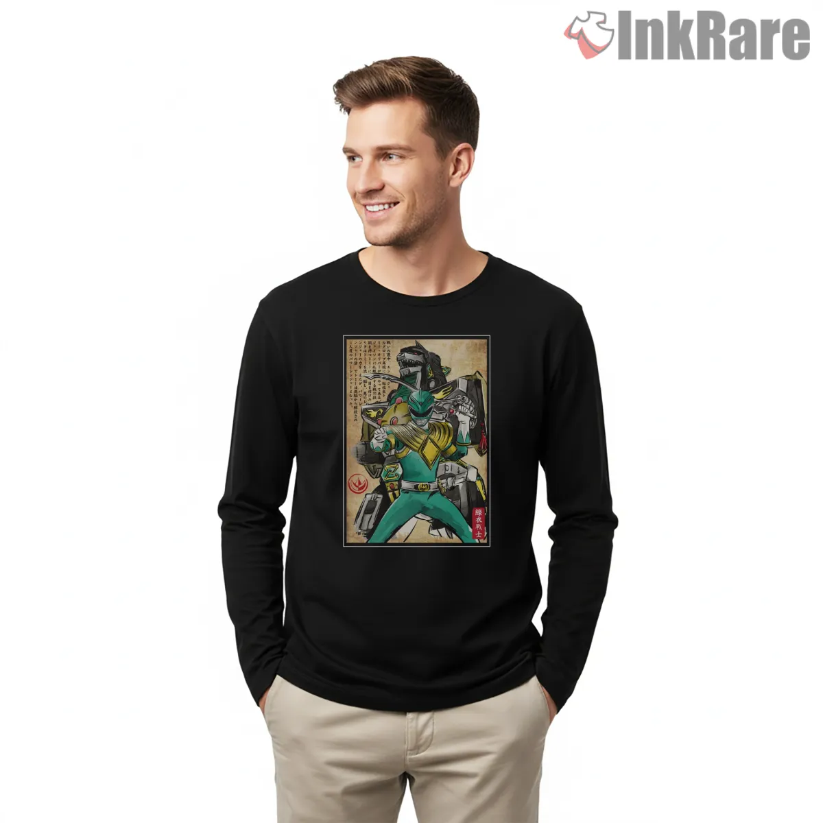 Green Ranger Japanese Woodblock Warrior Shirt on black long sleeve shirt for men graphic tee