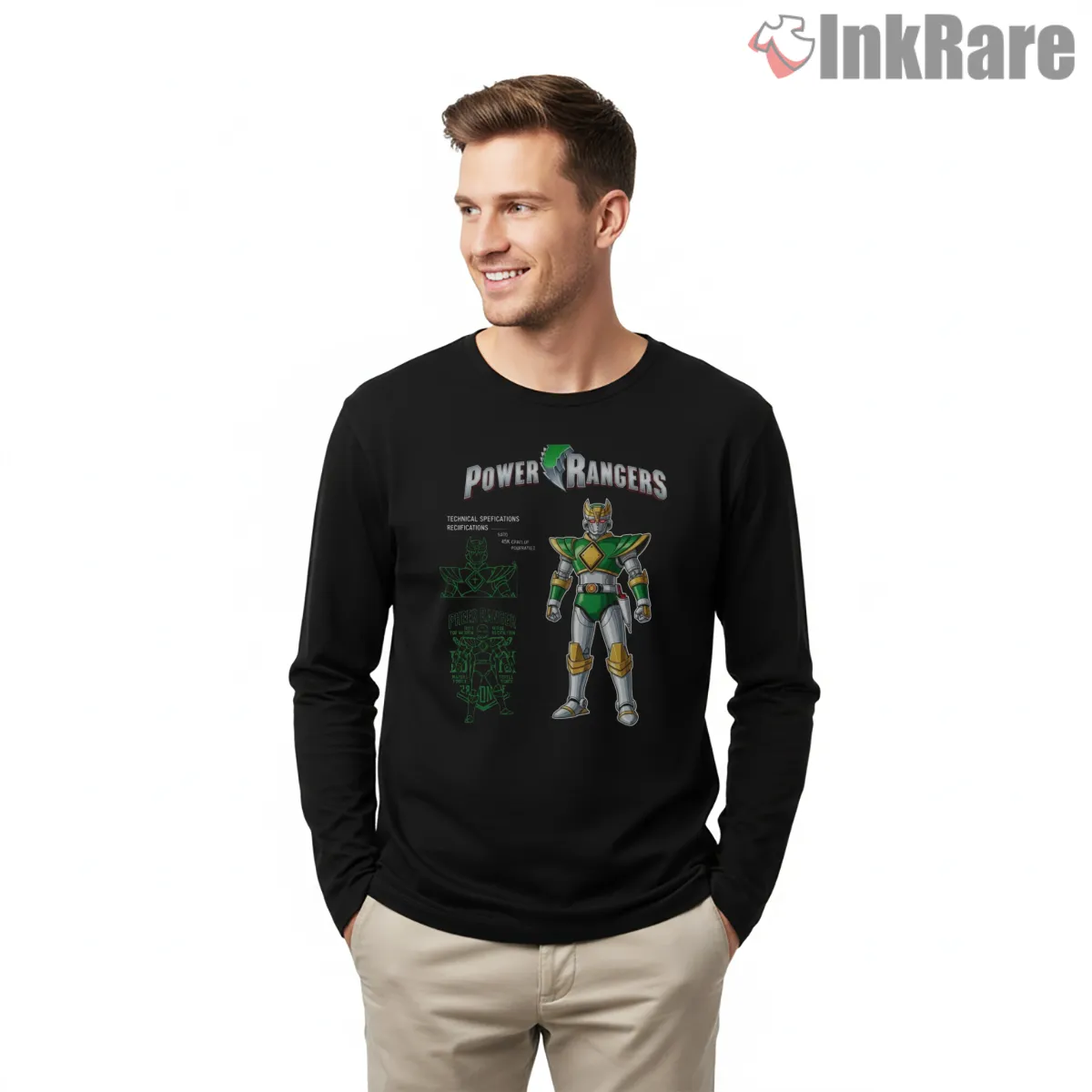 Green Ranger Mecha Blueprint Tech Armor Shirt on black long sleeve shirt for men graphic tee
