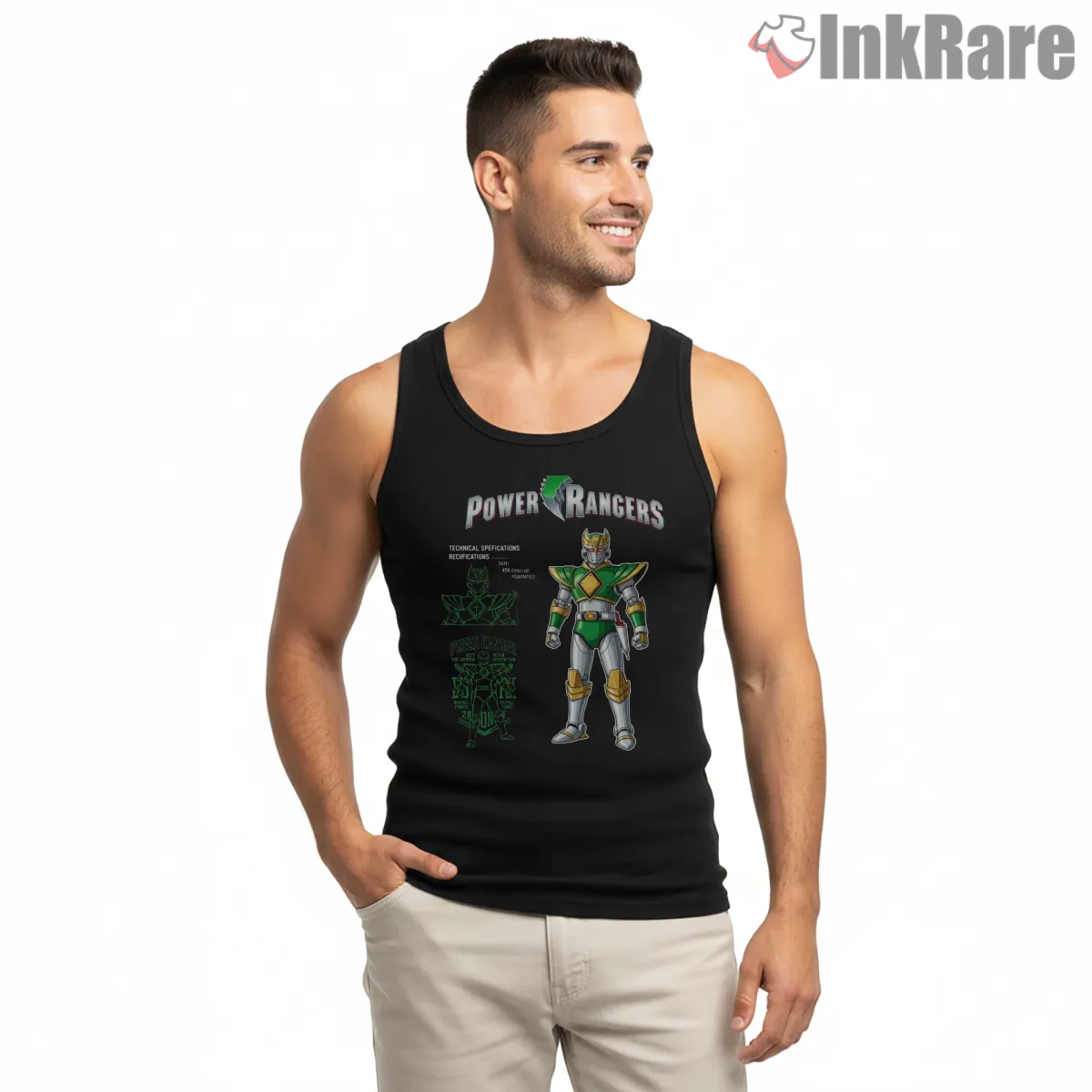 Green Ranger Mecha Blueprint Tech Armor Tank Top Black Green Ranger Mecha Blueprint Tech Armor Shirt on black tank top for men graphic tee
