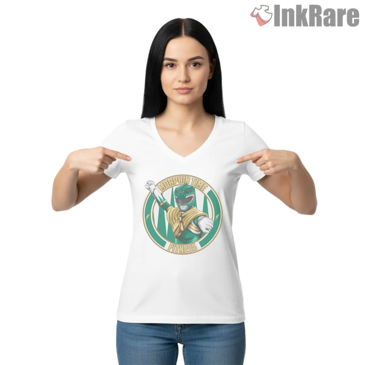 Green Ranger Morphin Time Fitness Shirt on white v-neck shirt for women graphic tee