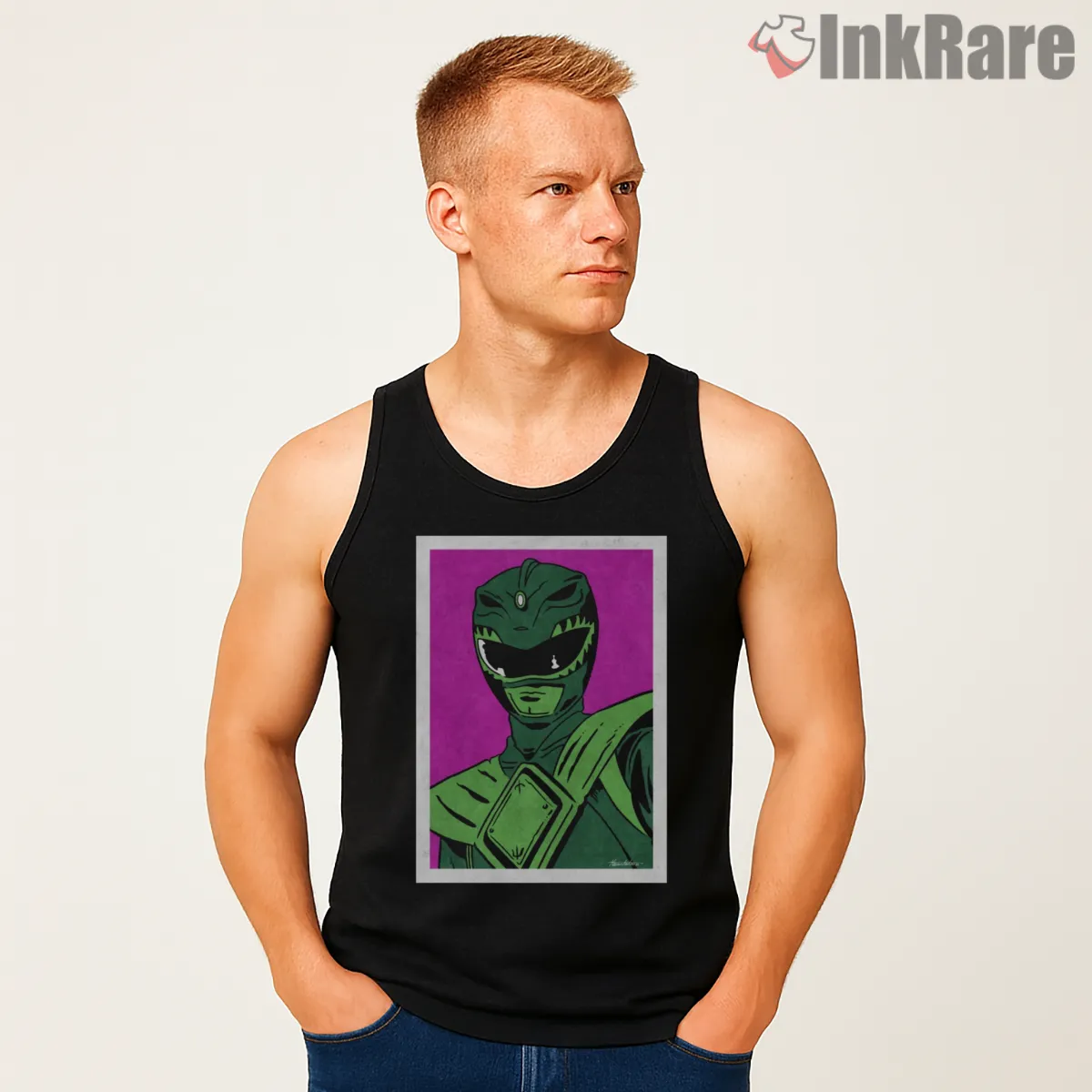 Green Ranger Retro Pop Art Portrait Shirt on black tank top for men graphic tee