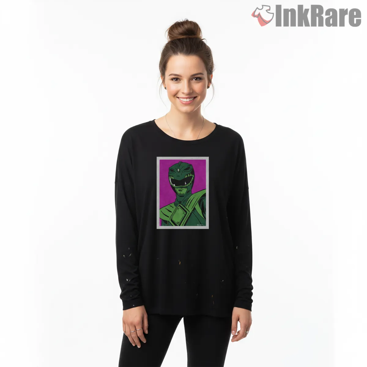 Green Ranger Retro Pop Art Portrait Long Sleeve Black Green Ranger Retro Pop Art Portrait Shirt on black long sleeve shirt for women graphic tee