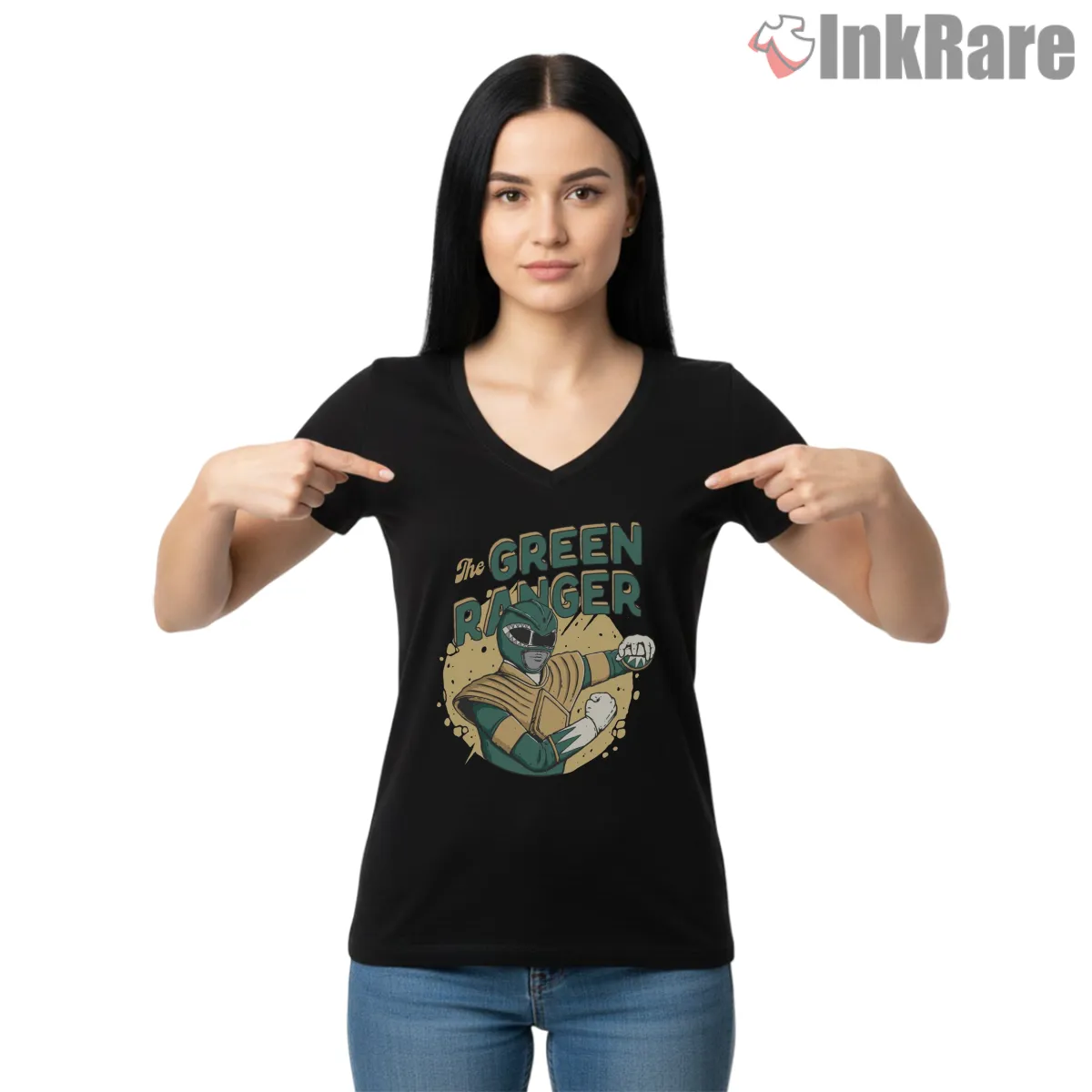 Green Ranger Tommy Oliver Vintage Hero Shirt on black v-neck shirt for women graphic tee