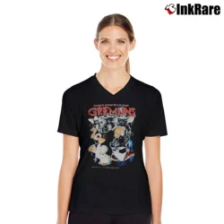 Women’s Gremlins Homage Retro Graphic V-Neck Tee in black | Chic Neckline, Soft Texture