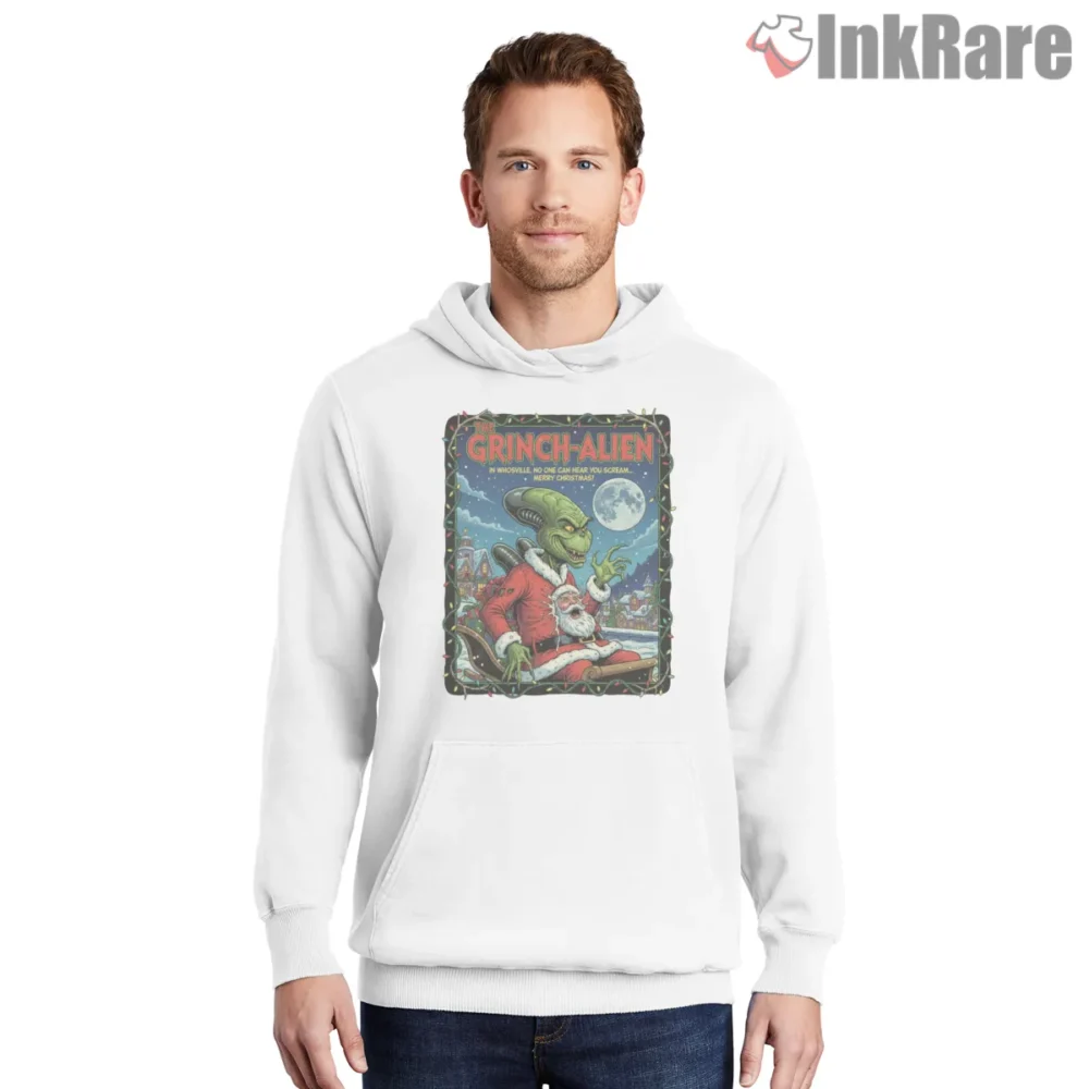 Grinch Alien Invasion Christmas Shirt on white hoodie for men graphic tee