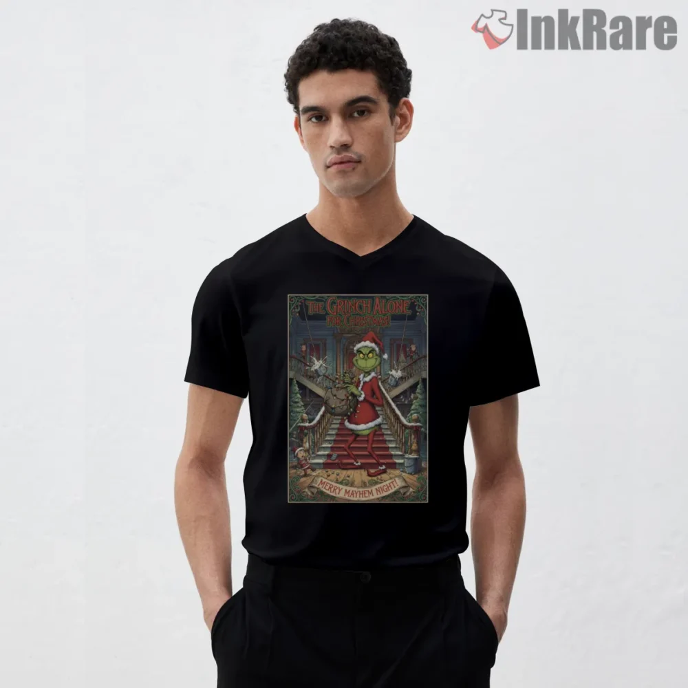 Grinch Alone For Christmas Movie Parody Shirt on black v-neck shirt for men graphic tee